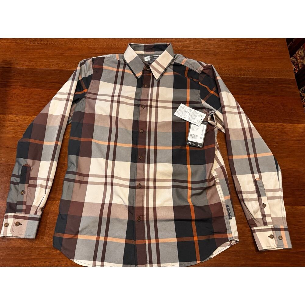 New M Ex Officio Insect Shield Brown Plaid Button Up Shirt Long Sleeve